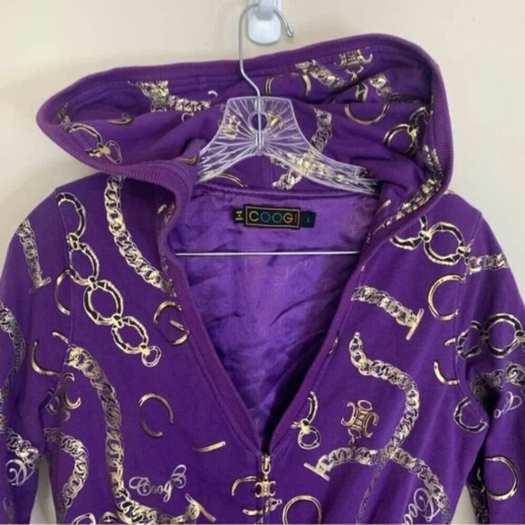 Coogi Purple Gold Short Sleeve Hooded Zip Up Bling Y2K Long Zip Hoodie L - Picture 7 of 15